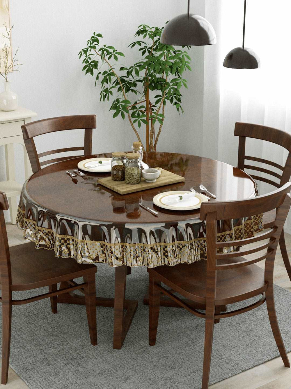 4 Seater Dining Table Cover; 60x60 Inches; Material - PVC; Anti Slip; Golden Lace