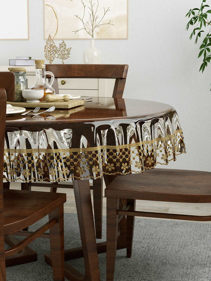 4 Seater Dining Table Cover; 60x60 Inches; Material - PVC; Anti Slip; Golden Lace