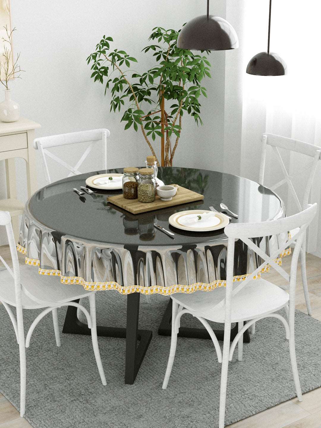 4 Seater Dining Table Cover; 60x60 Inches; Material - PVC; Anti Slip; Golden Sweet Lace
