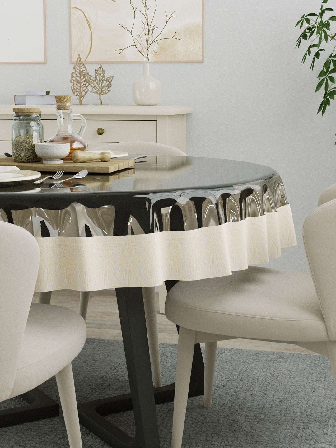 4 Seater Dining Table Cover; 60x60 Inches; Material - PVC; Anti Slip; Cream Lace