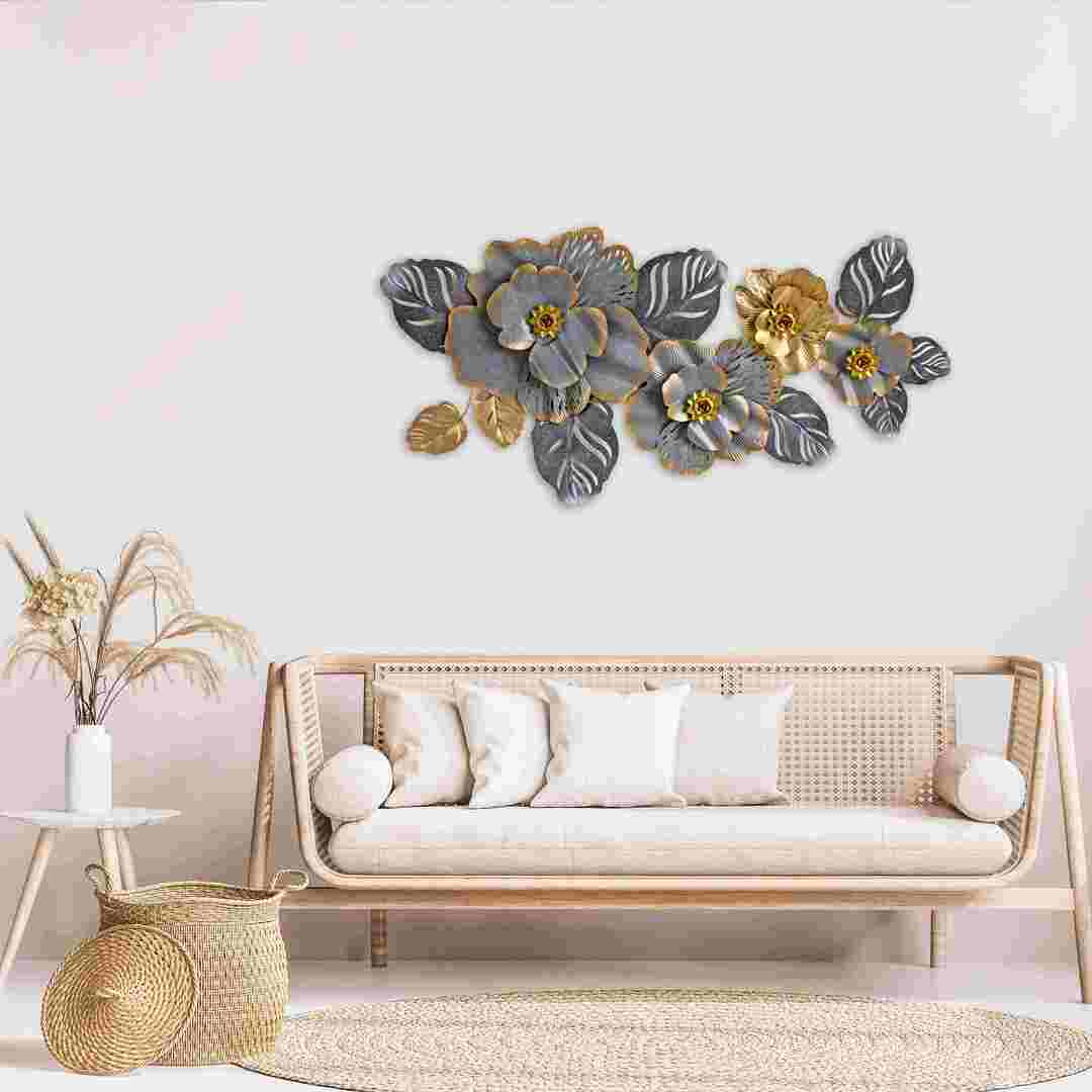 Metal Wall Décor; Grey Golden Leaves