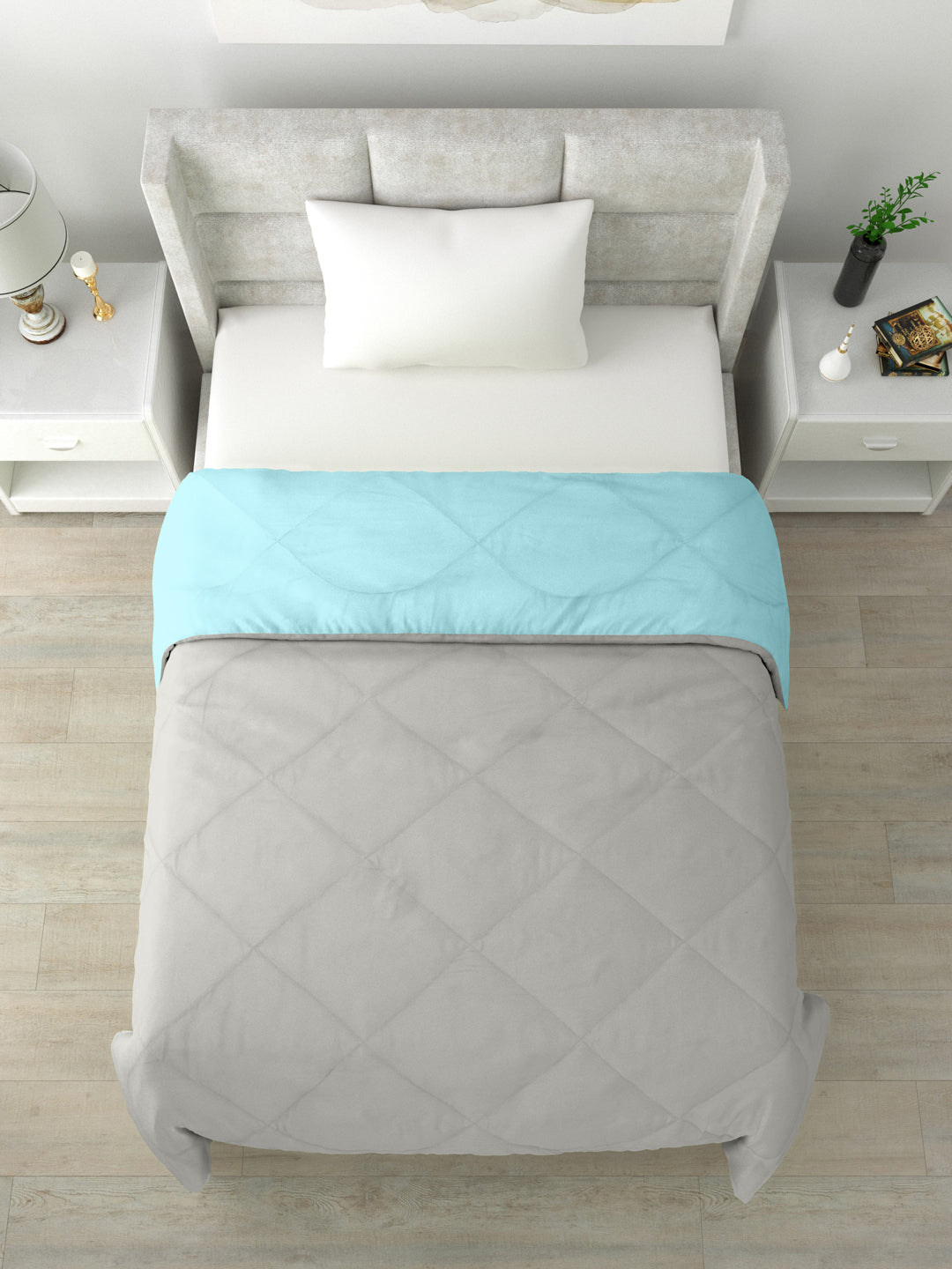 Reversible Single Bed Comforter 200 GSM 60x90 Inches (Aqua Blue & Grey)