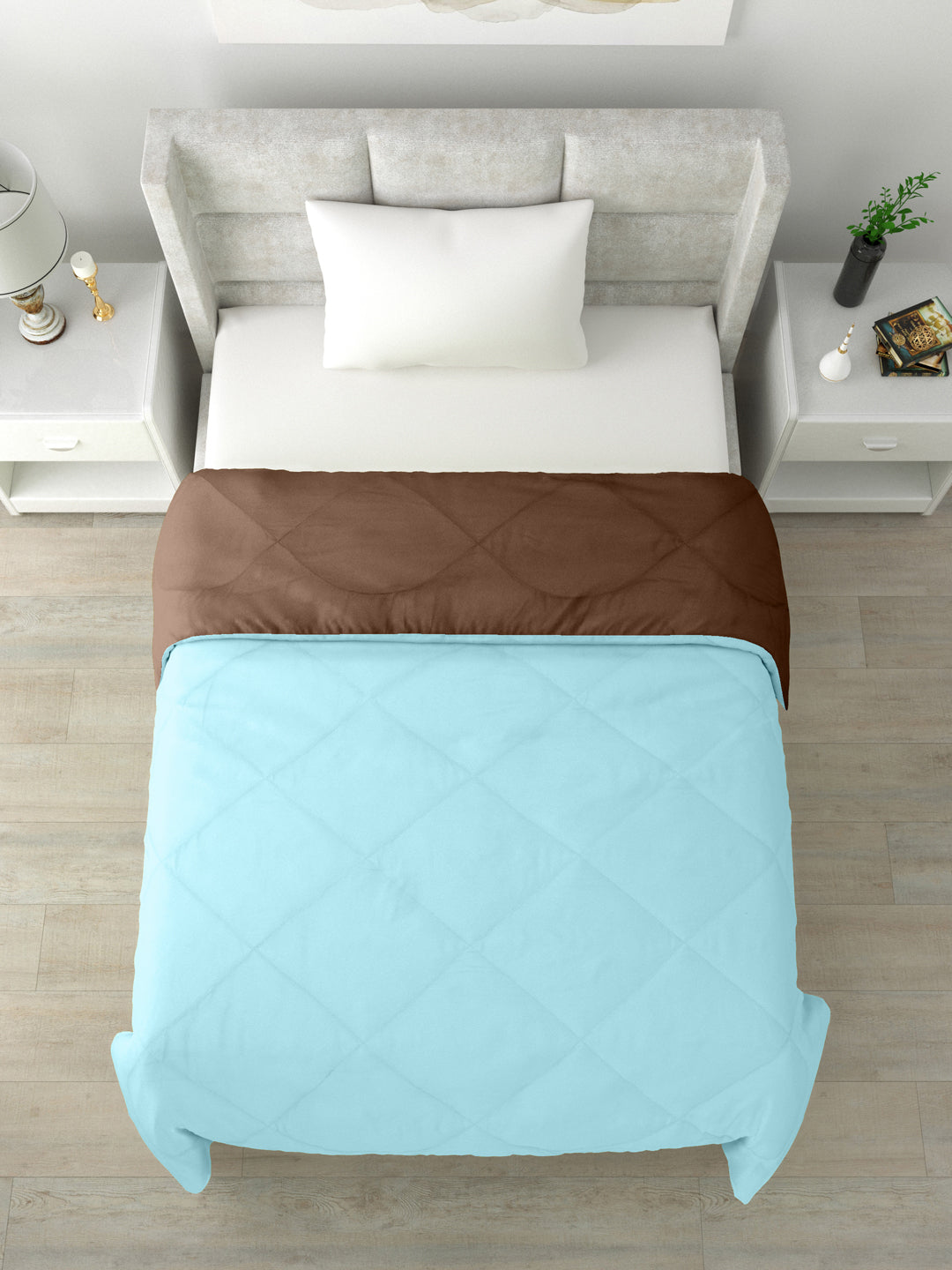 Reversible Single Bed Comforter 200 GSM 60x90 Inches (Aqua Blue & Brown)