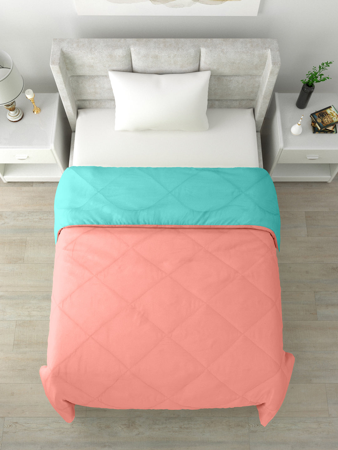 Reversible Single Bed Comforter 200 GSM 60x90 Inches (Candy Peach & Sea Green)