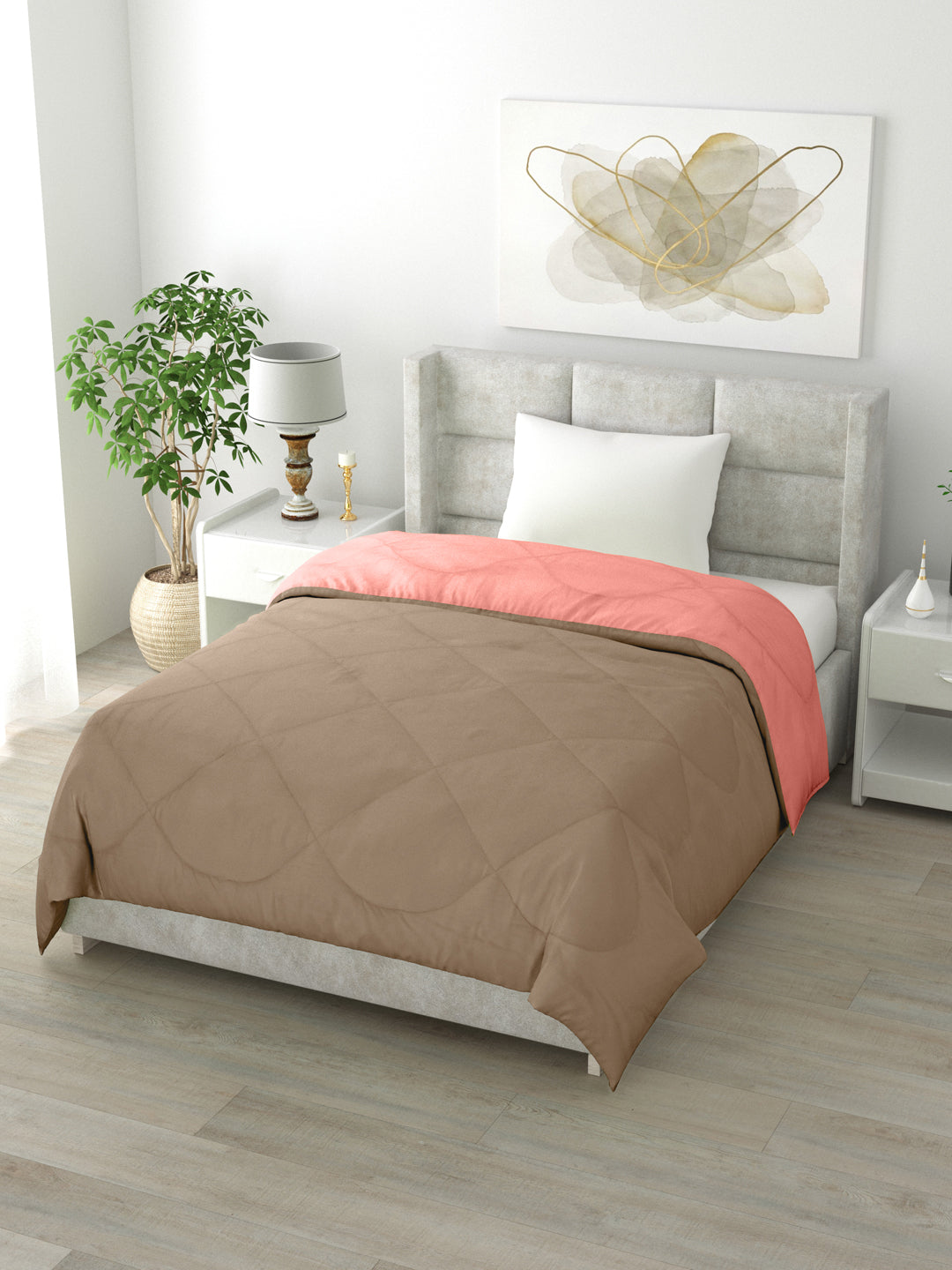 Reversible Single Bed Comforter 200 GSM 60x90 Inches (Taupe & Candy Peach)