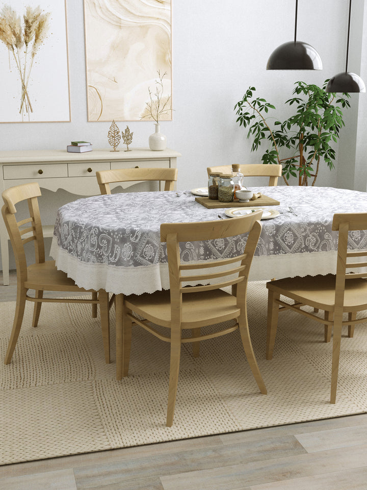 6 Seater Oval Dining Table Cover; 60x90 Inches; Material - PVC; Anti Slip; White Print On Grey