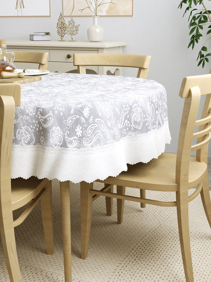 6 Seater Oval Dining Table Cover; 60x90 Inches; Material - PVC; Anti Slip; White Print On Grey