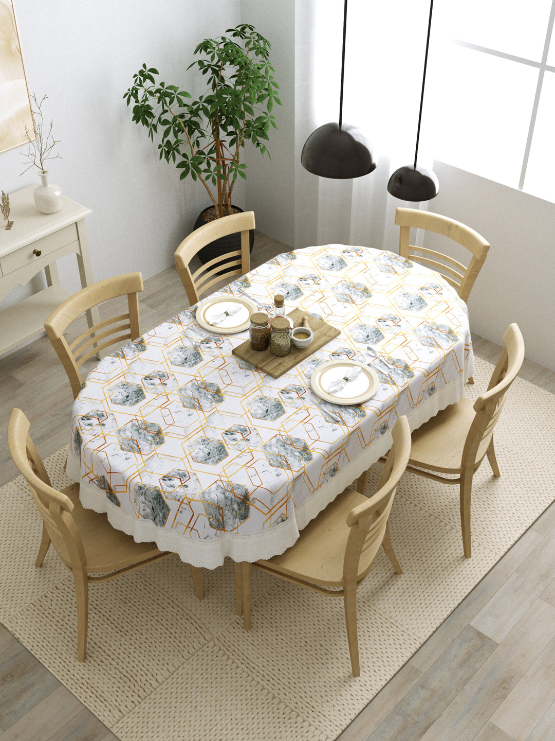 6 Seater Oval Dining Table Cover; 60x90 Inches; Material - PVC; Anti Slip; White Grey Marble Design