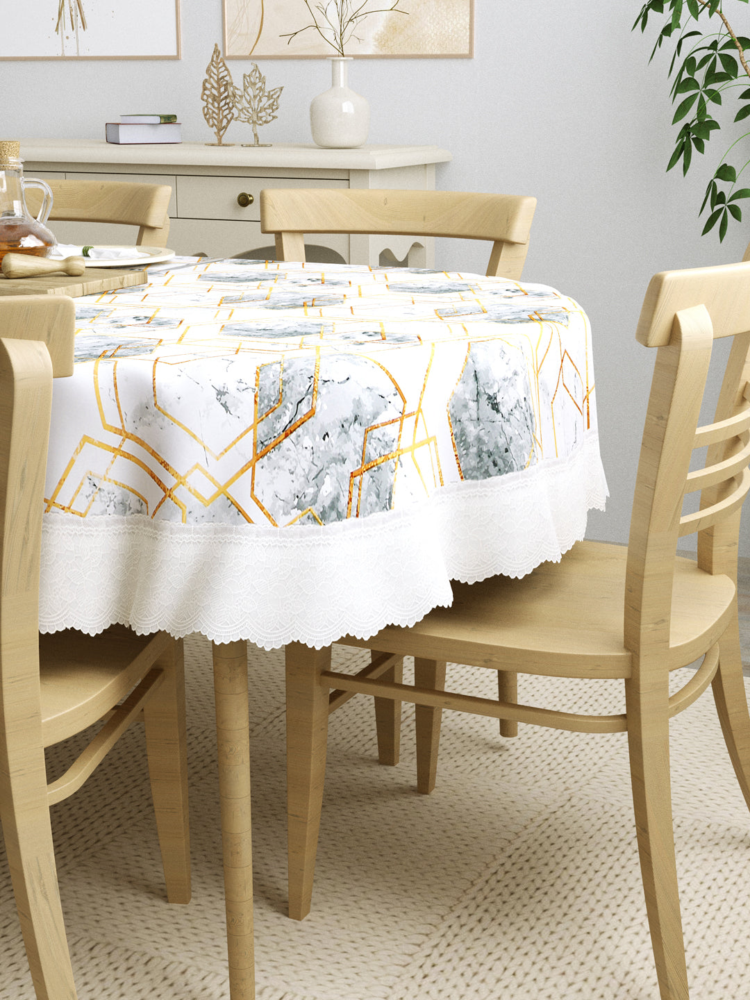 6 Seater Oval Dining Table Cover; 60x90 Inches; Material - PVC; Anti Slip; White Grey Marble Design