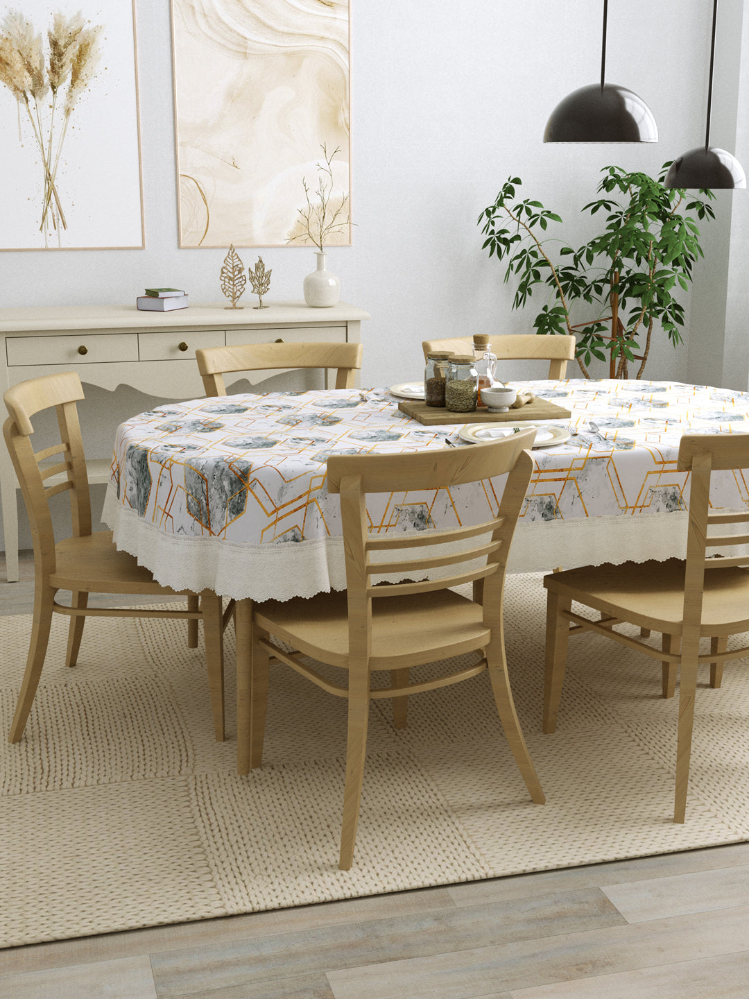 6 Seater Oval Dining Table Cover; 60x90 Inches; Material - PVC; Anti Slip; White Grey Marble Design