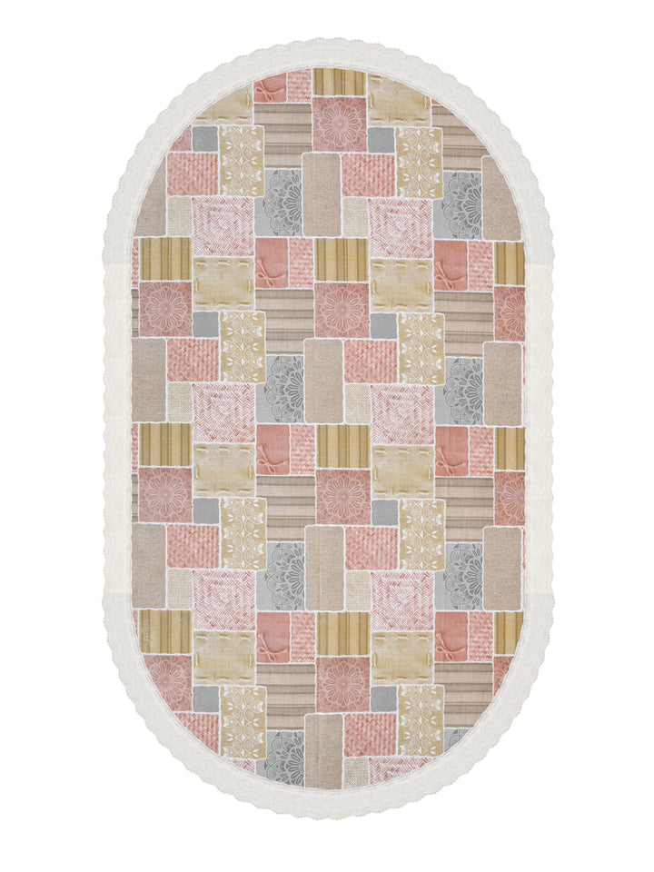 6 Seater Oval Dining Table Cover; 60x90 Inches; Material - PVC; Anti Slip; Checks On Orange