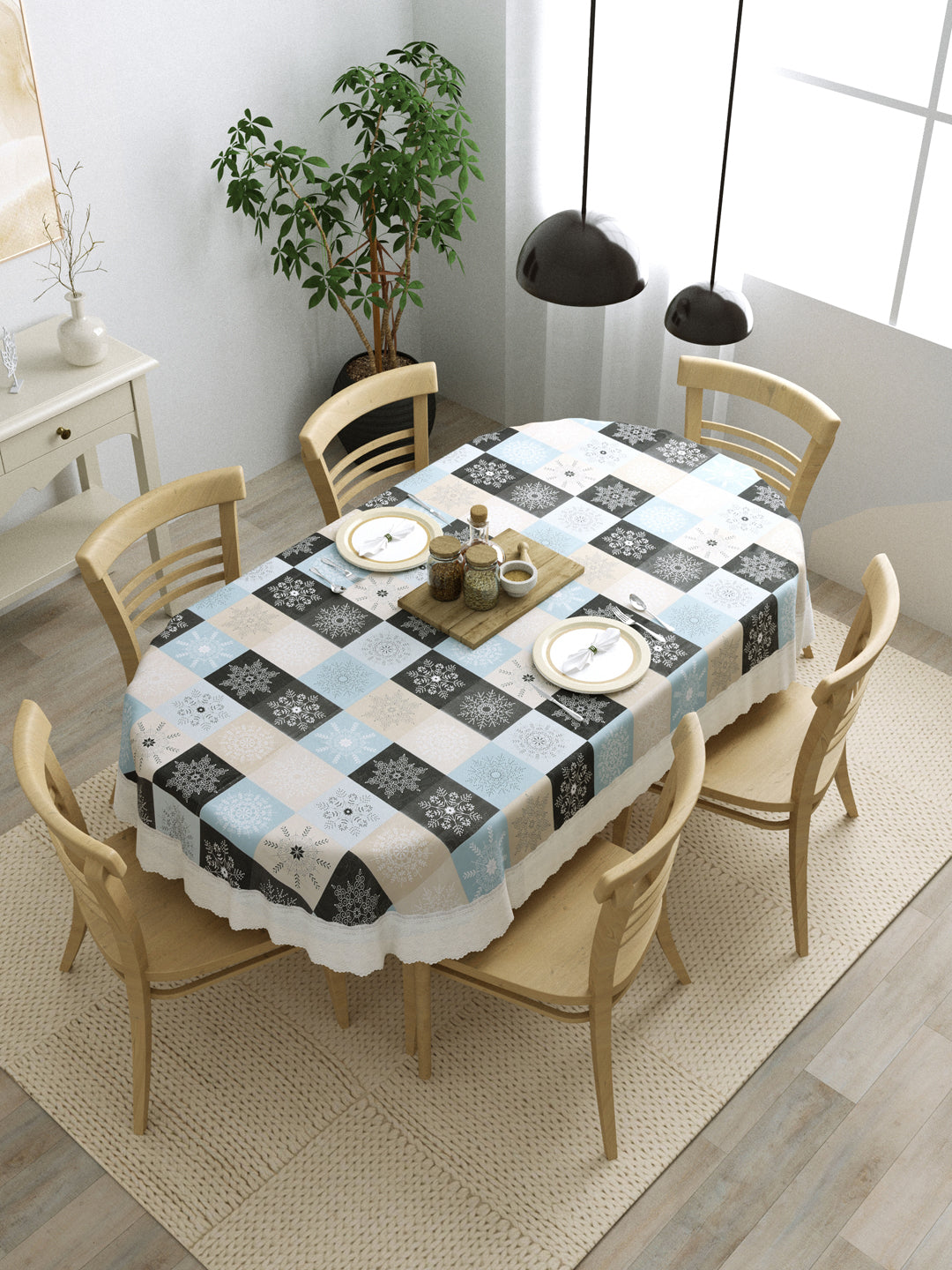 6 Seater Oval Dining Table Cover; 60x90 Inches; Material - PVC; Anti Slip; Grey, Blue & Beige Checks