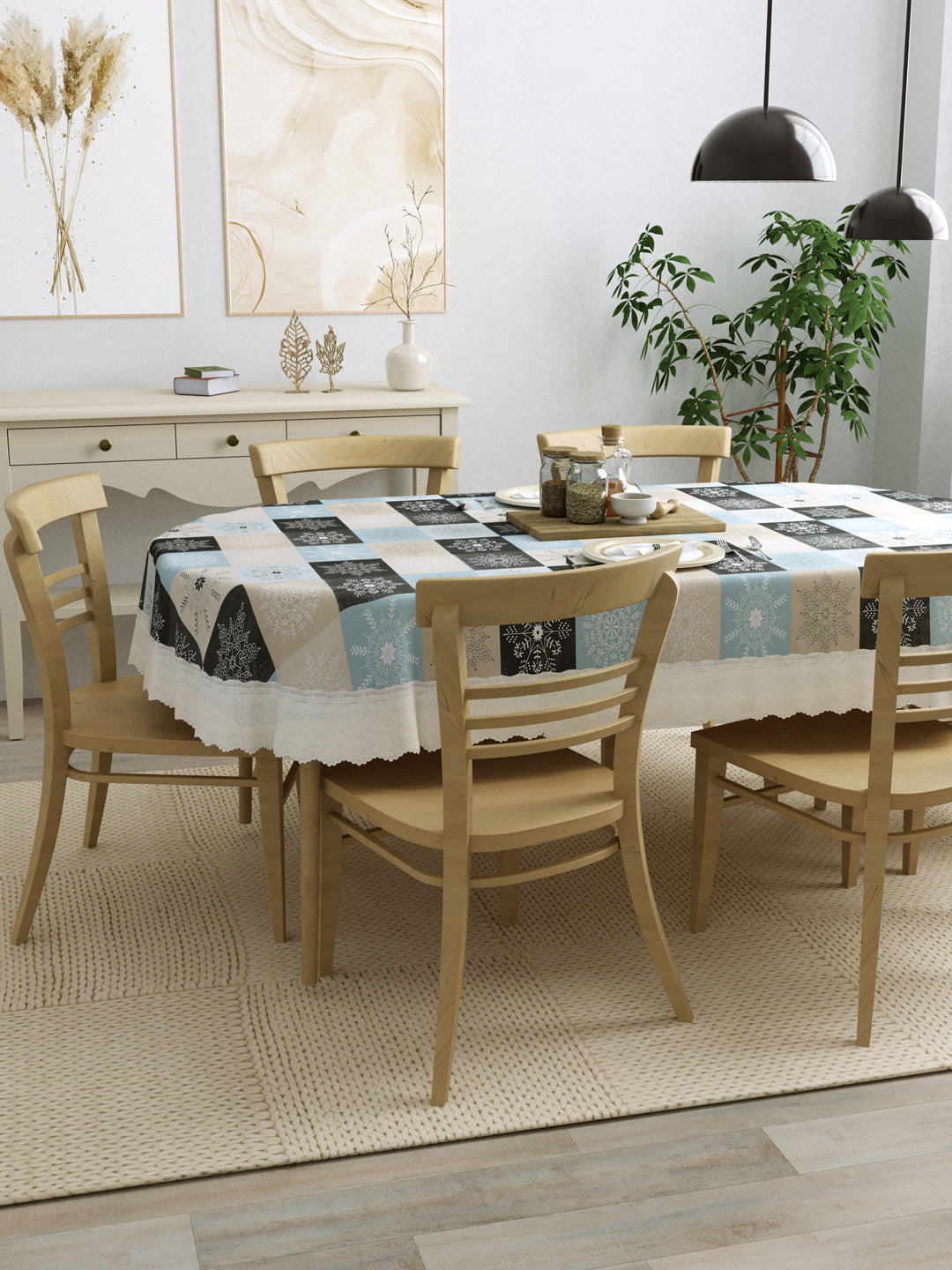 6 Seater Oval Dining Table Cover; 60x90 Inches; Material - PVC; Anti Slip; Grey, Blue & Beige Checks