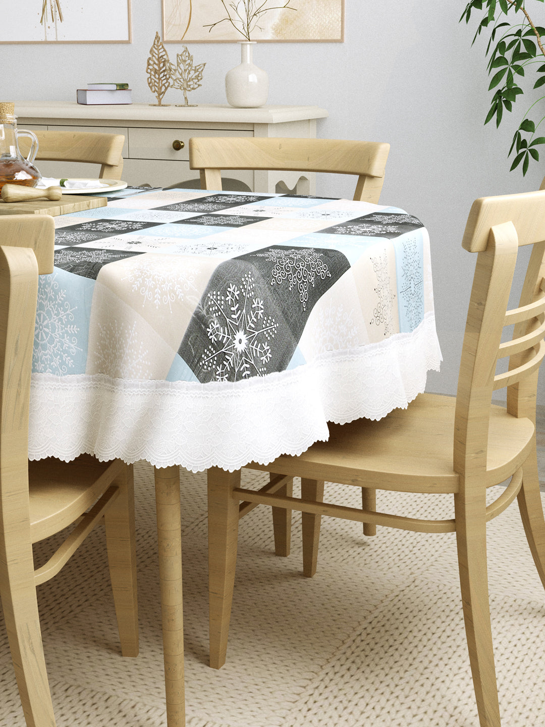 6 Seater Oval Dining Table Cover; 60x90 Inches; Material - PVC; Anti Slip; Grey, Blue & Beige Checks