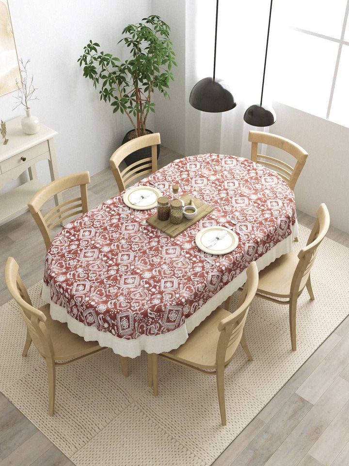6 Seater Oval Dining Table Cover; 60x90 Inches; Material - PVC; Anti Slip; White Print On Brown