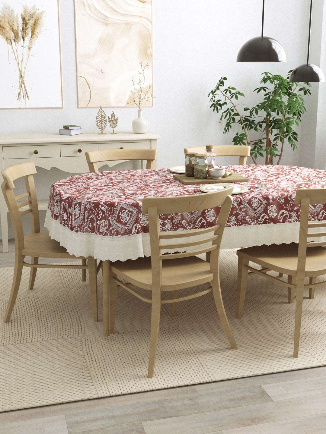 6 Seater Oval Dining Table Cover; 60x90 Inches; Material - PVC; Anti Slip; White Print On Brown