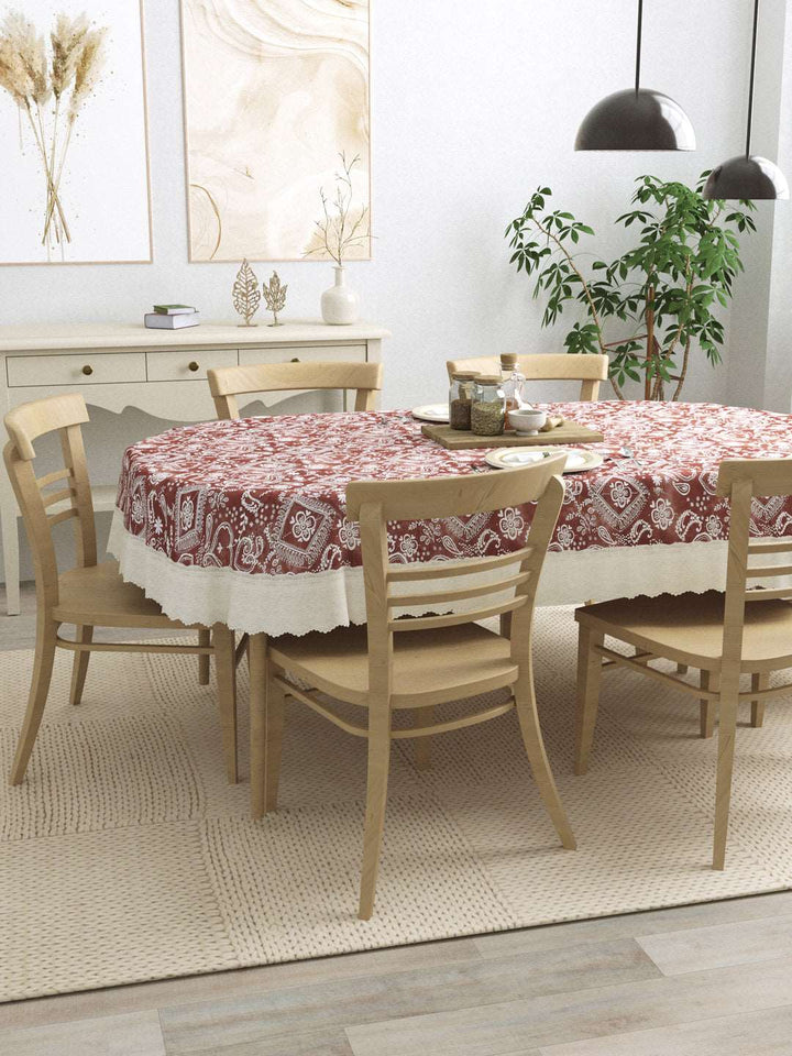 6 Seater Oval Dining Table Cover; 60x90 Inches; Material - PVC; Anti Slip; White Print On Brown