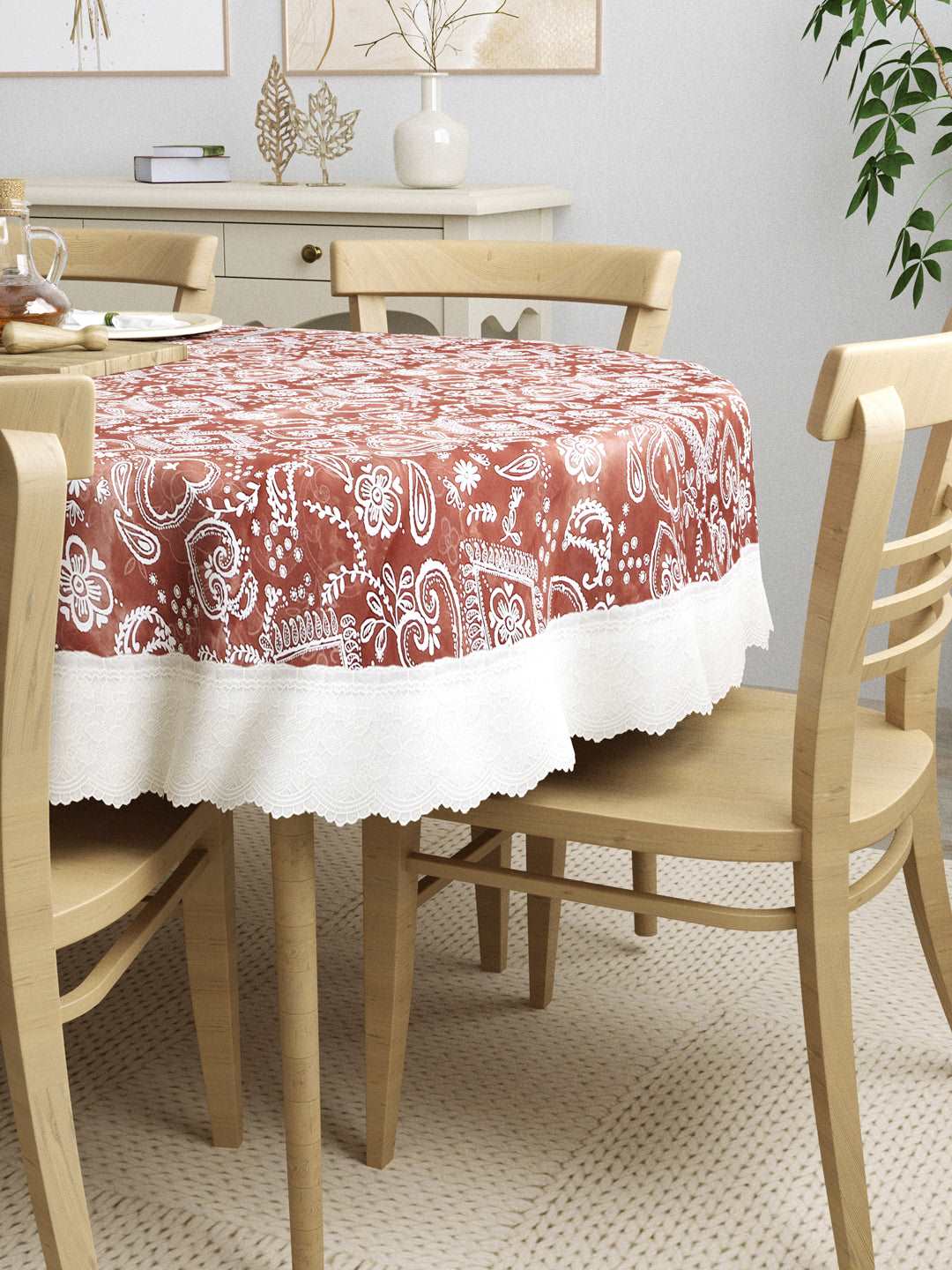 6 Seater Oval Dining Table Cover; 60x90 Inches; Material - PVC; Anti Slip; White Print On Brown