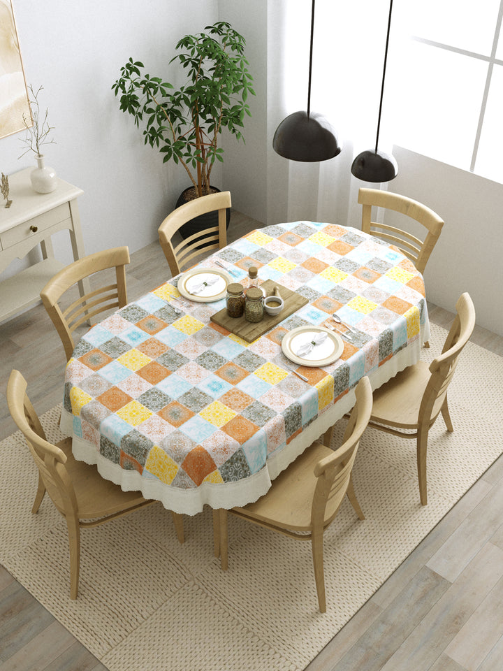 6 Seater Oval Dining Table Cover; 60x90 Inches; Material - PVC; Anti Slip; Yellow, Grey & Brown Checks