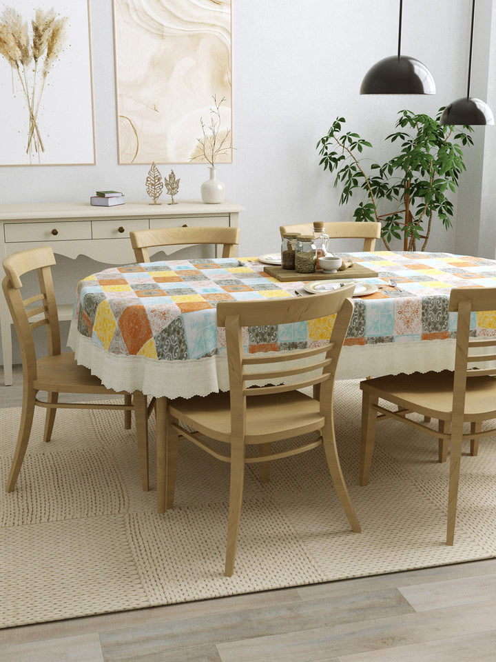 6 Seater Oval Dining Table Cover; 60x90 Inches; Material - PVC; Anti Slip; Yellow, Grey & Brown Checks