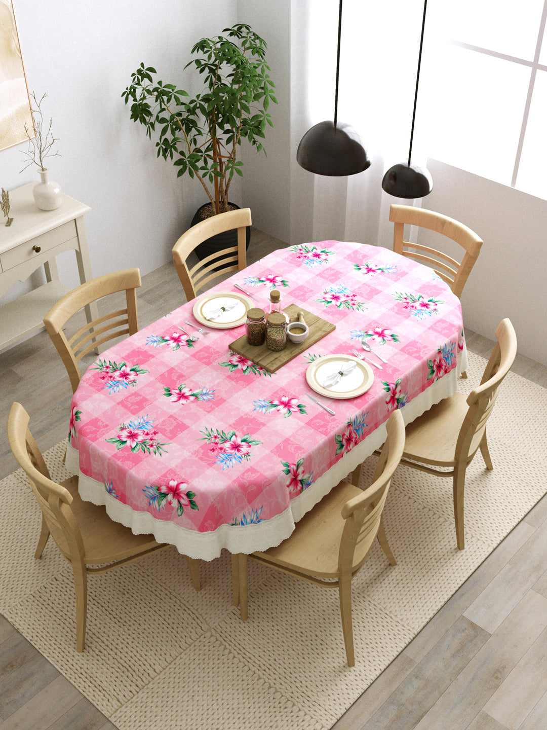 6 Seater Oval Dining Table Cover; 60x90 Inches; Material - PVC; Anti Slip; Pink Flowers