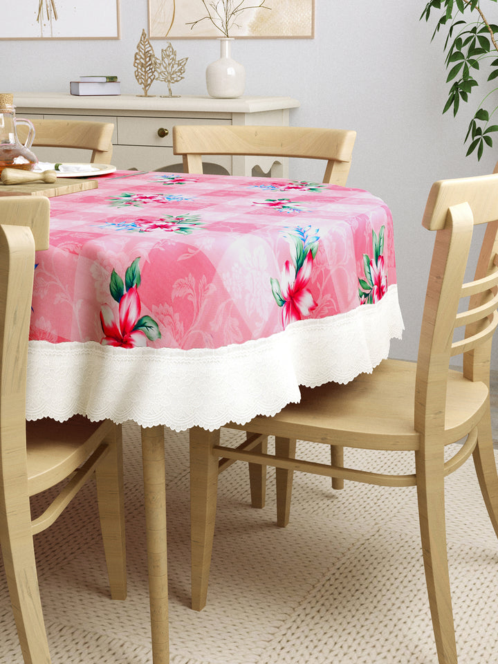 6 Seater Oval Dining Table Cover; 60x90 Inches; Material - PVC; Anti Slip; Pink Flowers