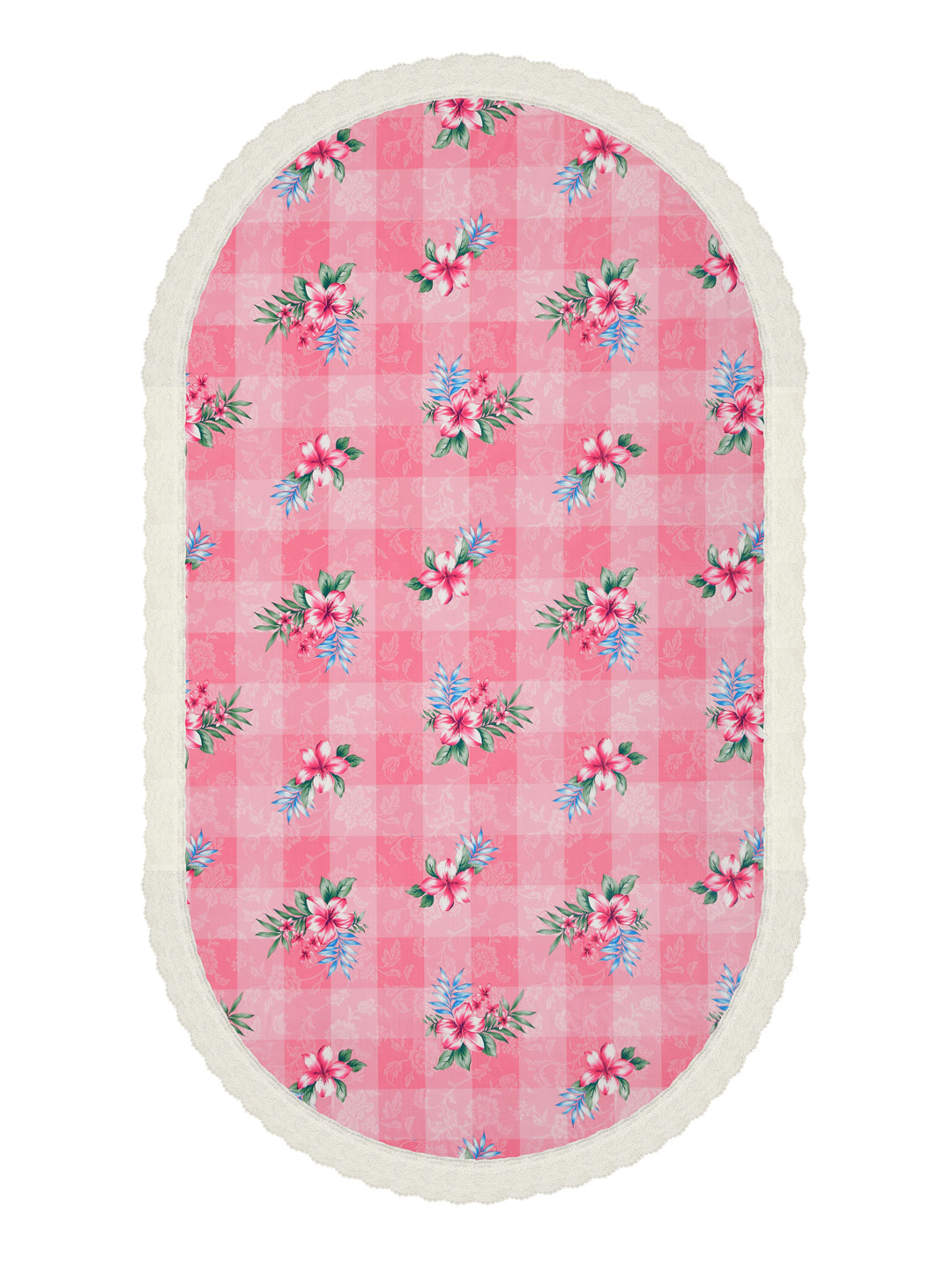 6 Seater Oval Dining Table Cover; 60x90 Inches; Material - PVC; Anti Slip; Pink Flowers