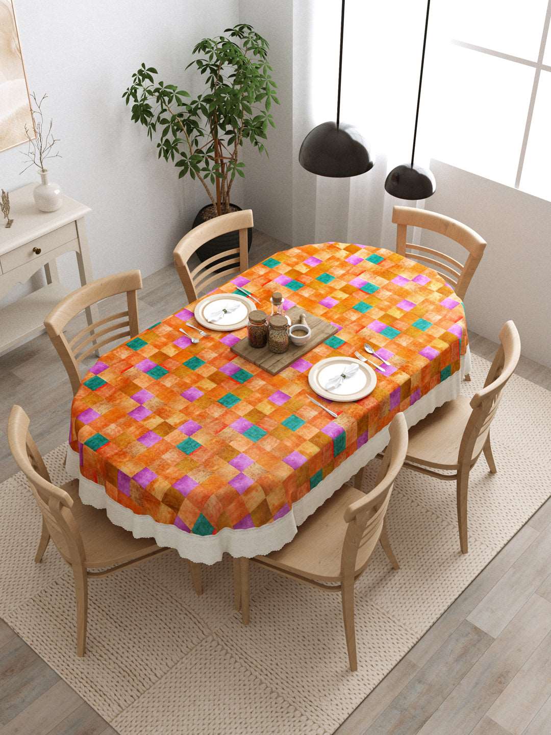 6 Seater Oval Dining Table Cover; 60x90 Inches; Material - PVC; Anti Slip; Checks On Orange