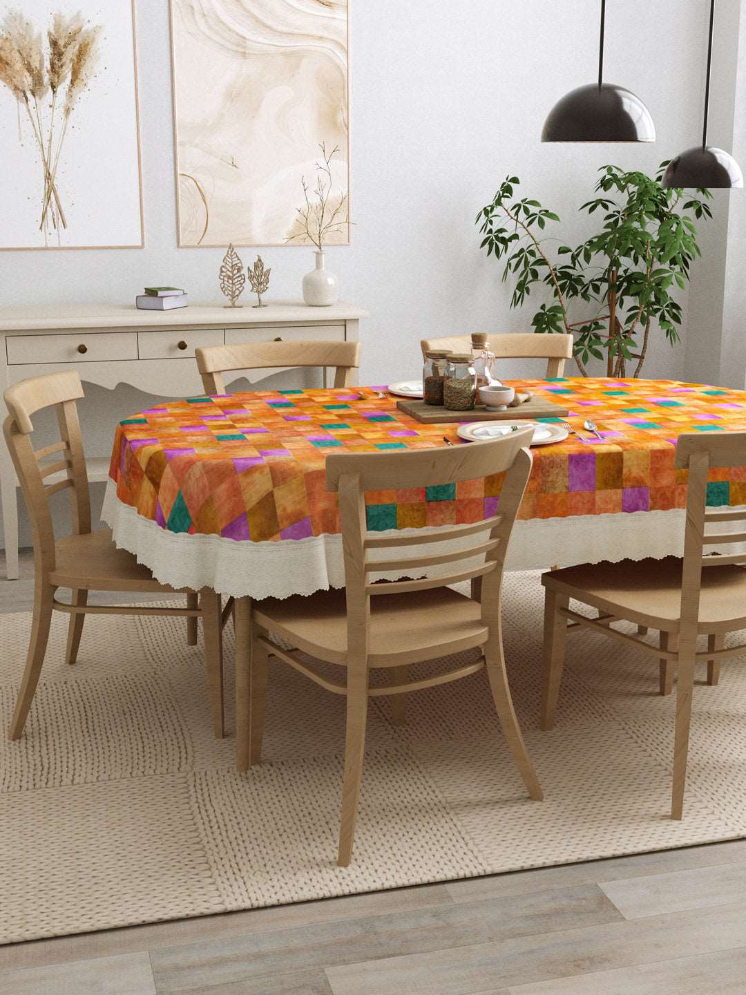 6 Seater Oval Dining Table Cover; 60x90 Inches; Material - PVC; Anti Slip; Checks On Orange