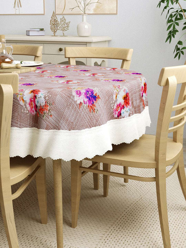 6 Seater Oval Dining Table Cover; 60x90 Inches; Material - PVC; Anti Slip; Flowers On Brown