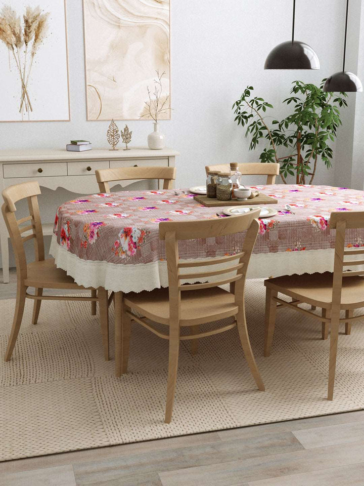 6 Seater Oval Dining Table Cover; 60x90 Inches; Material - PVC; Anti Slip; Flowers On Brown