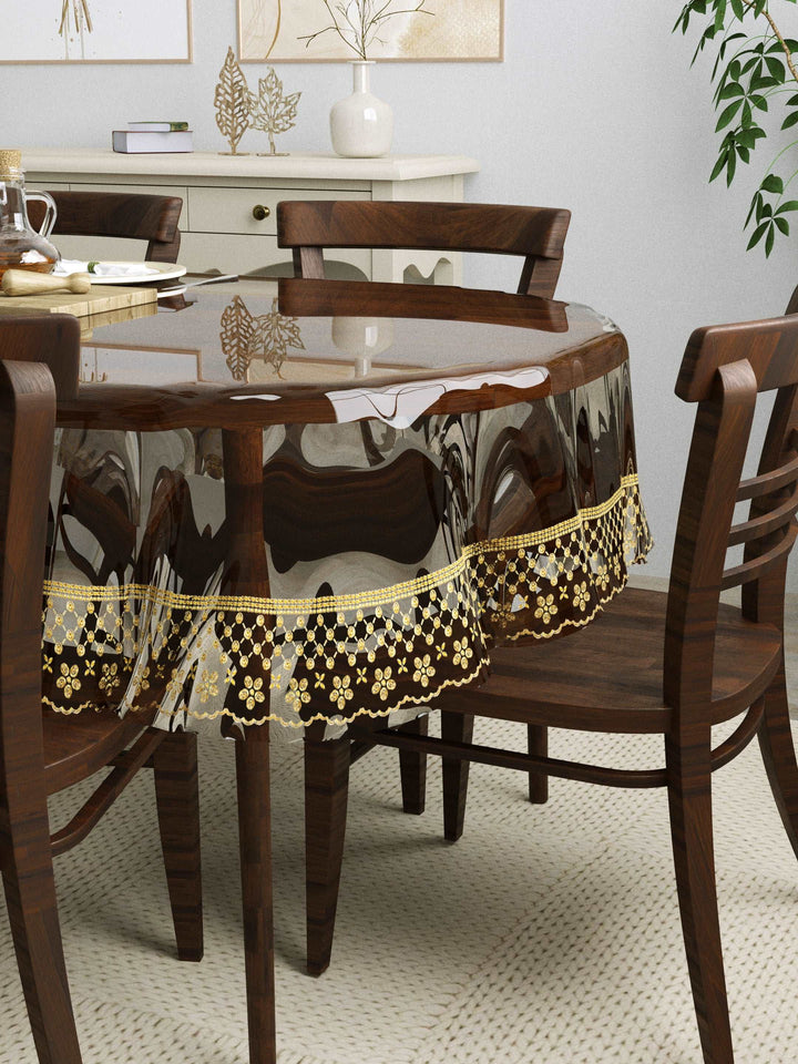 6 Seater Oval Anti Slip Transparent Dining Table Cover; 60x90 Inches; Material - PVC; Golden Tipping Lace