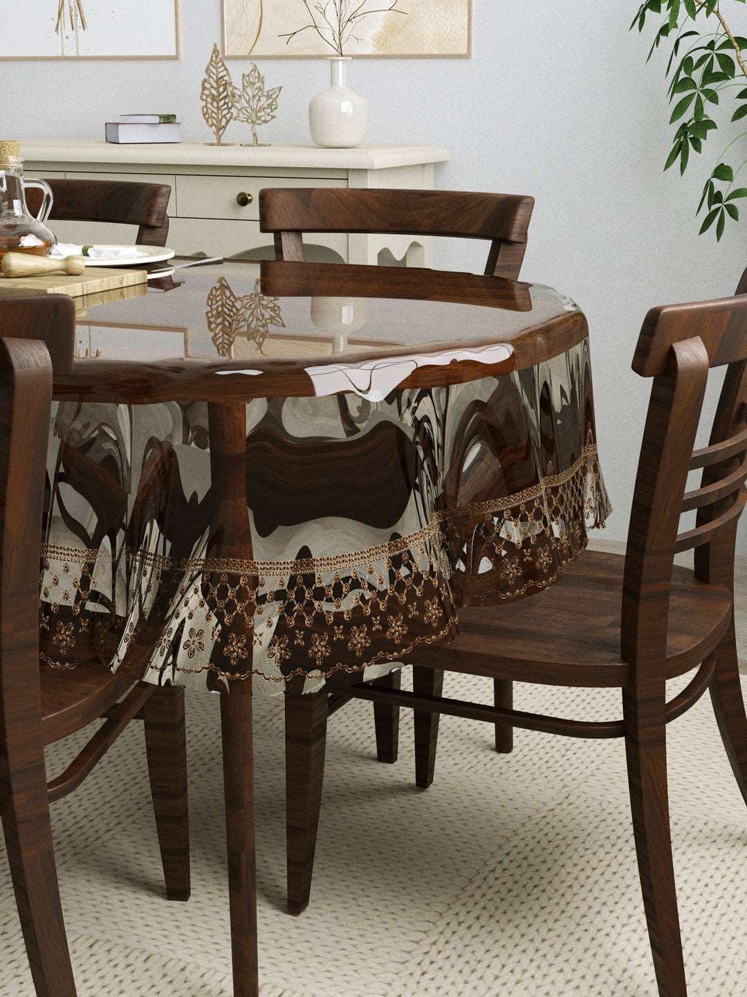 6 Seater Oval Anti Slip Transparent Dining Table Cover; 60x90 Inches; Material - PVC; Brown Tipping Lace