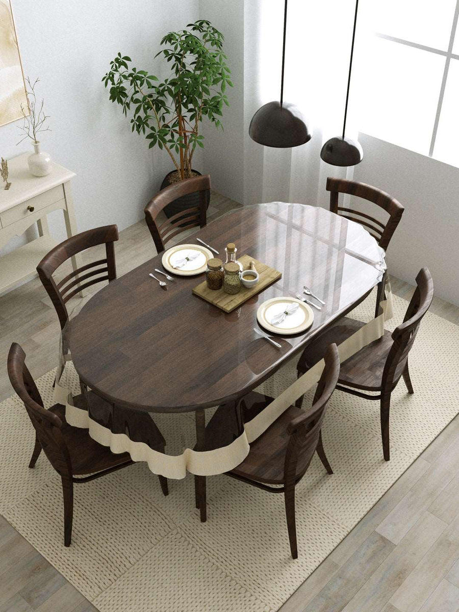 6 Seater Oval Anti Slip Transparent Dining Table Cover; 60x90 Inches; Material - PVC; Cream Lace