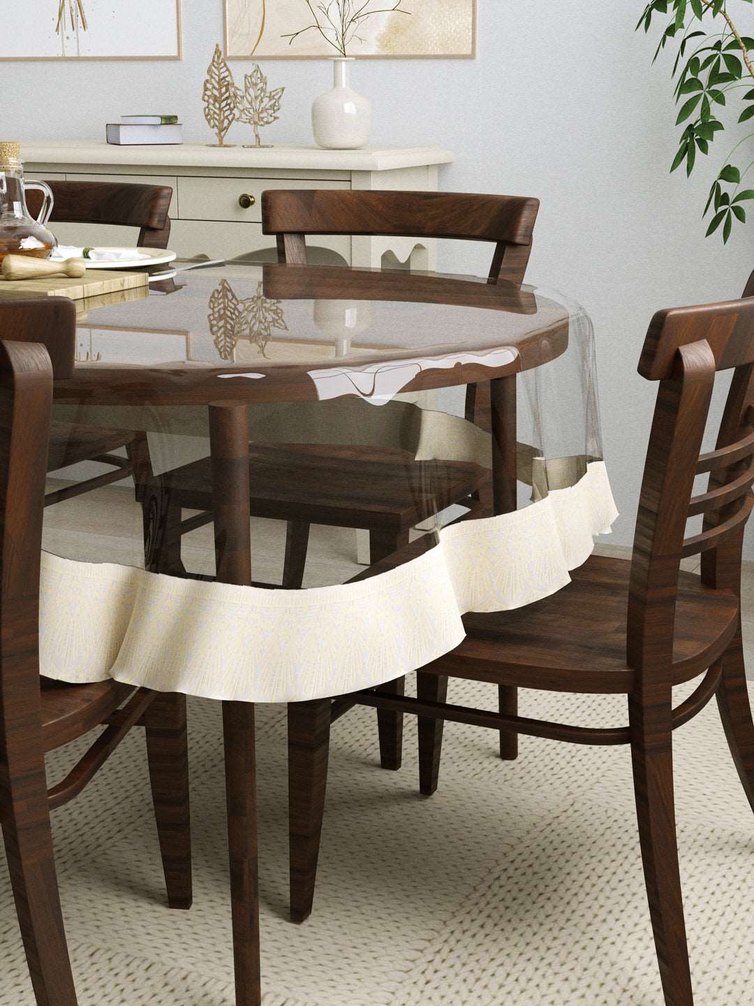 6 Seater Oval Anti Slip Transparent Dining Table Cover; 60x90 Inches; Material - PVC; Cream Lace