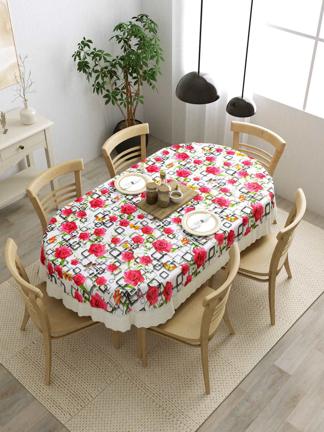6 Seater Oval Dining Table Cover; 60x90 Inches; Material - PVC; Anti Slip; Pink Roses
