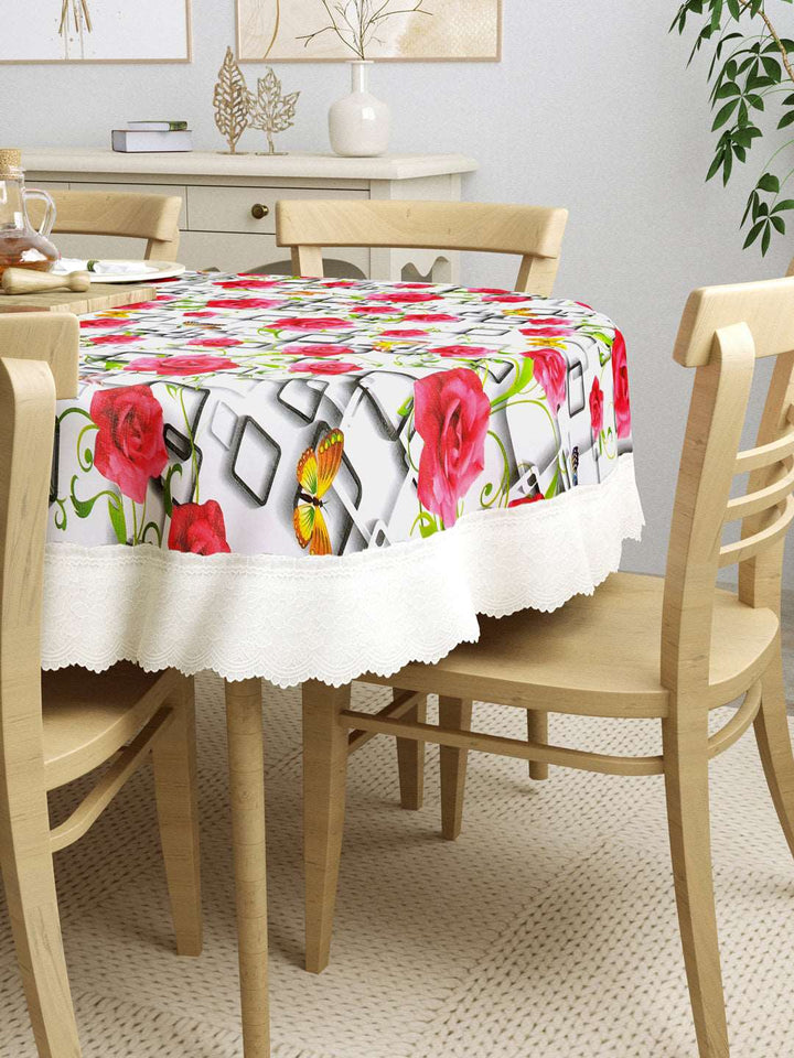 6 Seater Oval Dining Table Cover; 60x90 Inches; Material - PVC; Anti Slip; Pink Roses