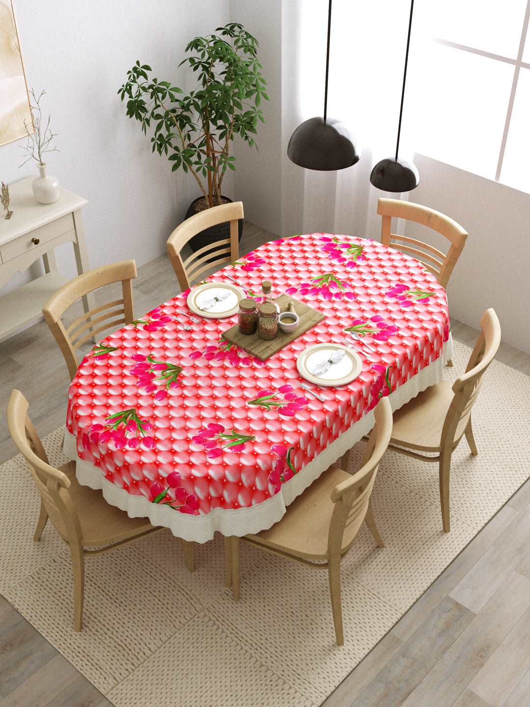 6 Seater Oval Dining Table Cover; 60x90 Inches; Material - PVC; Anti Slip; Pink Roses On Pink