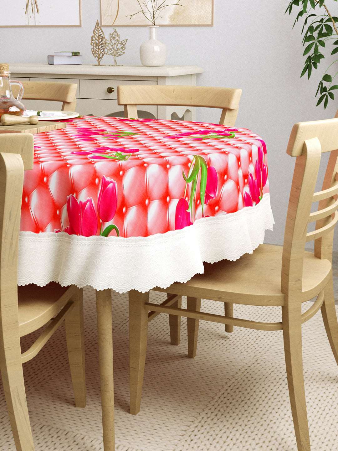 6 Seater Oval Dining Table Cover; 60x90 Inches; Material - PVC; Anti Slip; Pink Roses On Pink