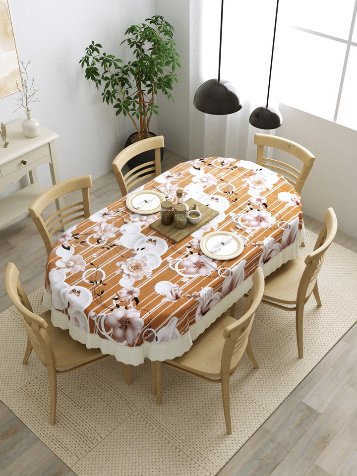 6 Seater Oval Dining Table Cover; 60x90 Inches; Material - PVC; Anti Slip; White Butterfly