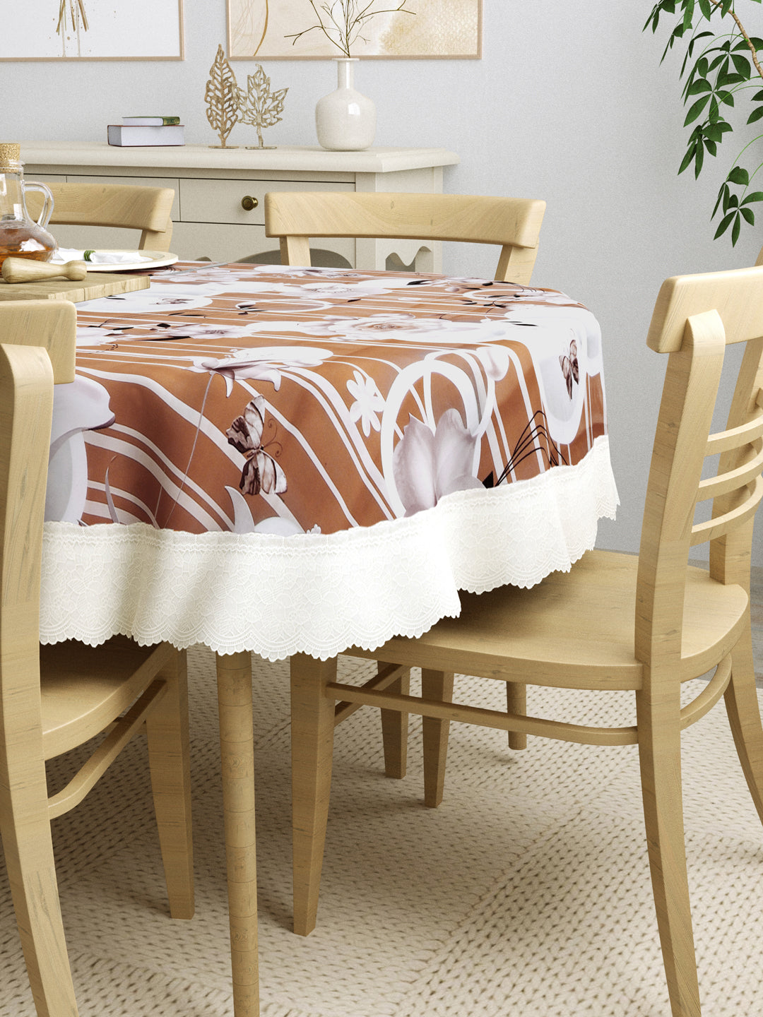 6 Seater Oval Dining Table Cover; 60x90 Inches; Material - PVC; Anti Slip; White Butterfly