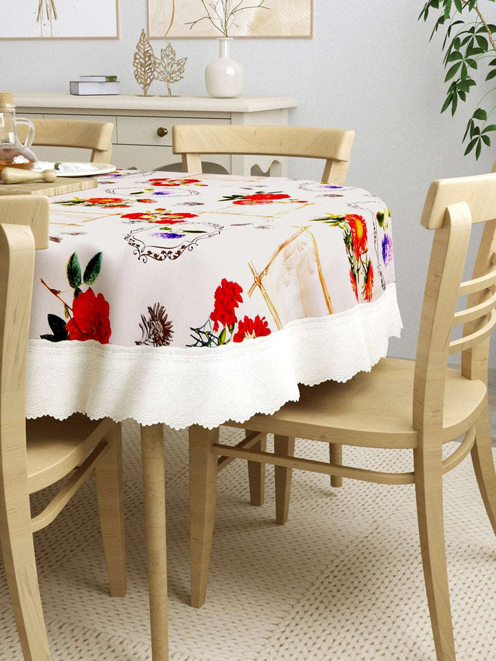 6 Seater Oval Dining Table Cover; 60x90 Inches; Material - PVC; Anti Slip; Red & Voilet Flowers