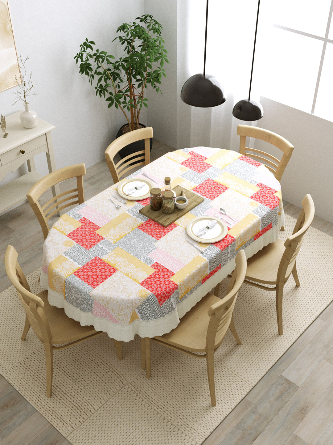 6 Seater Oval Dining Table Cover; 60x90 Inches; Material - PVC; Anti Slip; Grey, Beige & Red Checks