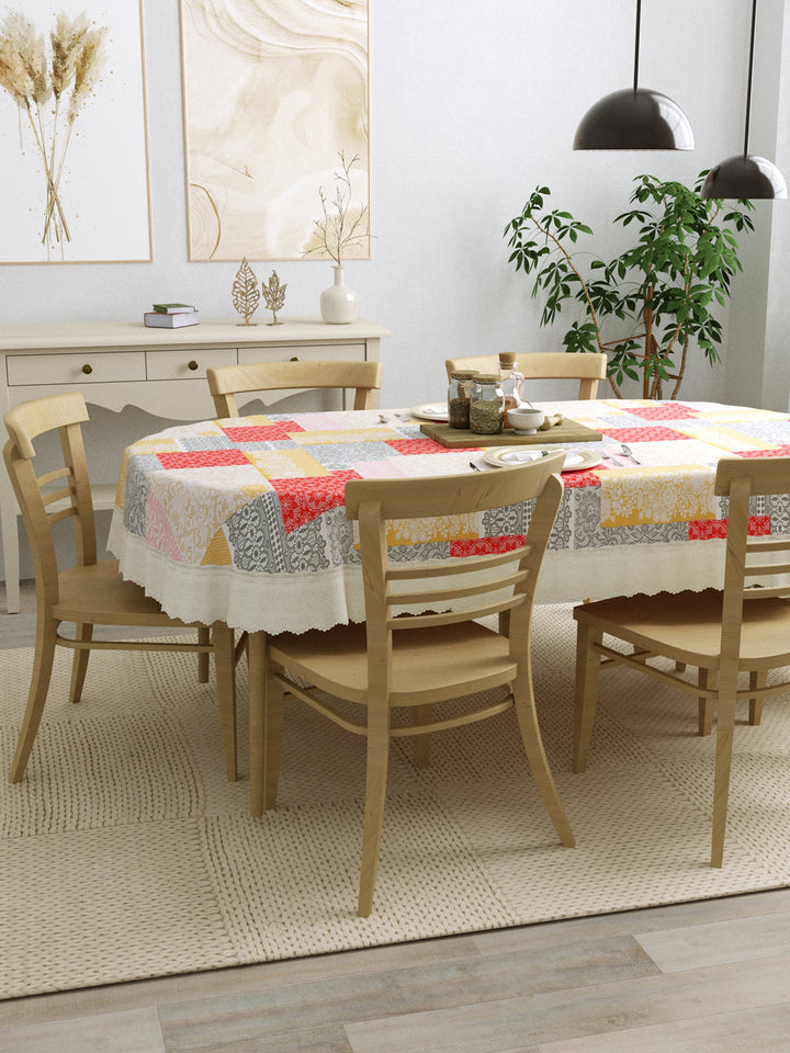6 Seater Oval Dining Table Cover; 60x90 Inches; Material - PVC; Anti Slip; Grey, Beige & Red Checks