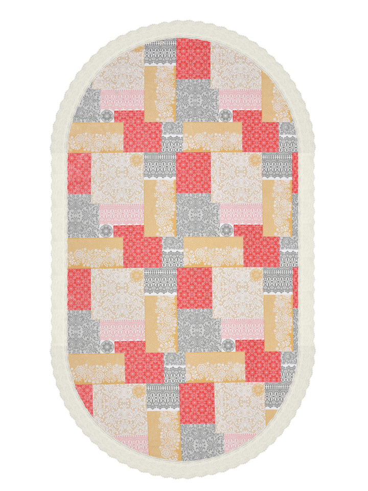 6 Seater Oval Dining Table Cover; 60x90 Inches; Material - PVC; Anti Slip; Grey, Beige & Red Checks
