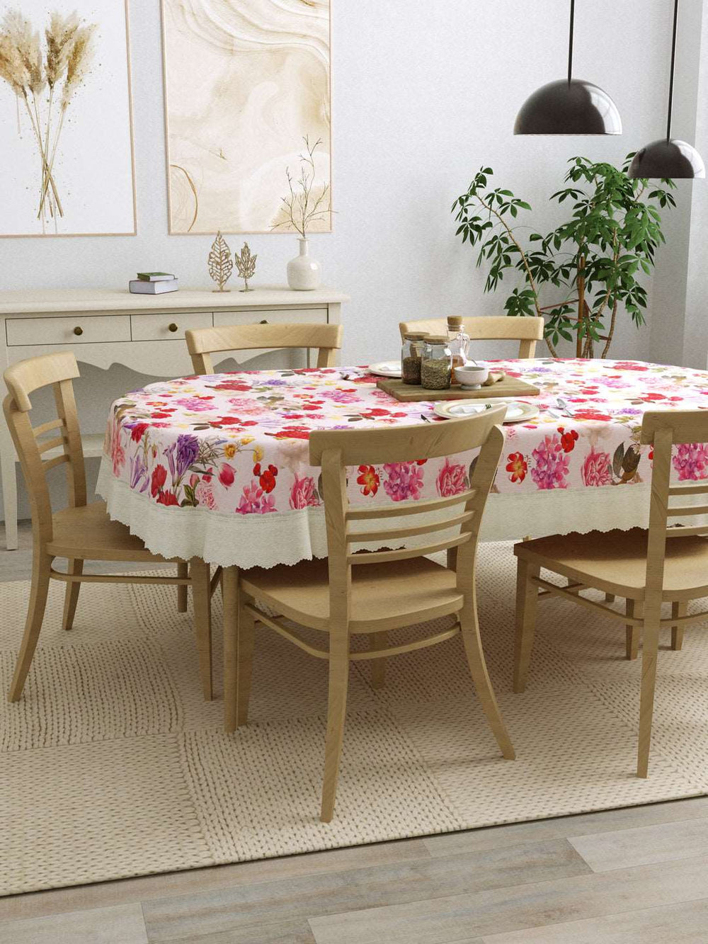 6 Seater Oval Dining Table Cover; 60x90 Inches; Material - PVC; Anti Slip; Multicolor Flowers