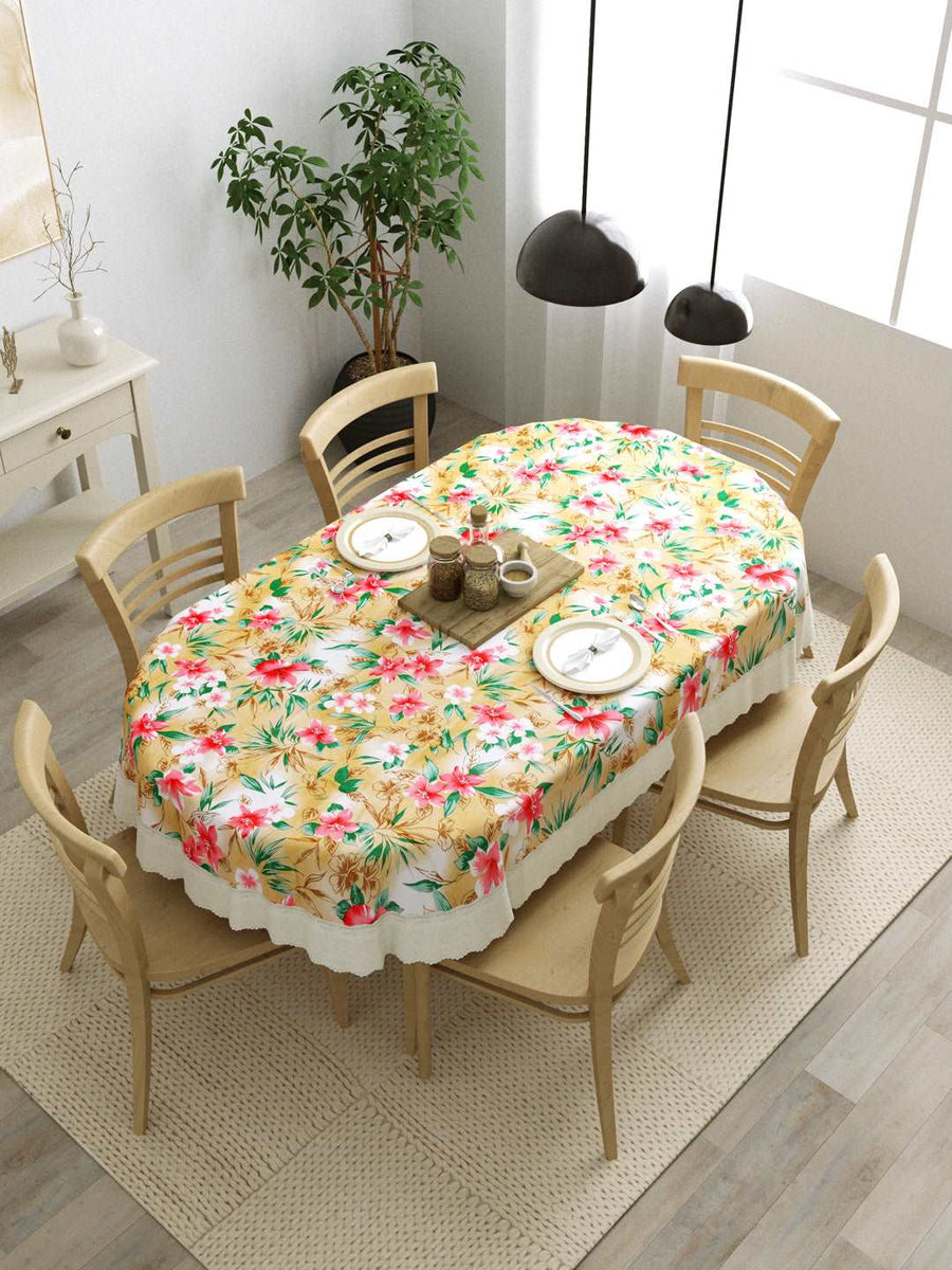 6 Seater Oval Dining Table Cover; 60x90 Inches; Material - PVC; Anti Slip; Red Sunflowers