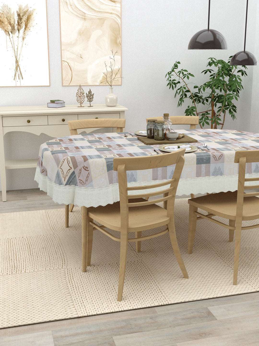 6 Seater Oval Dining Table Cover; 60x90 Inches; Material - PVC; Anti Slip; Light Color Checks