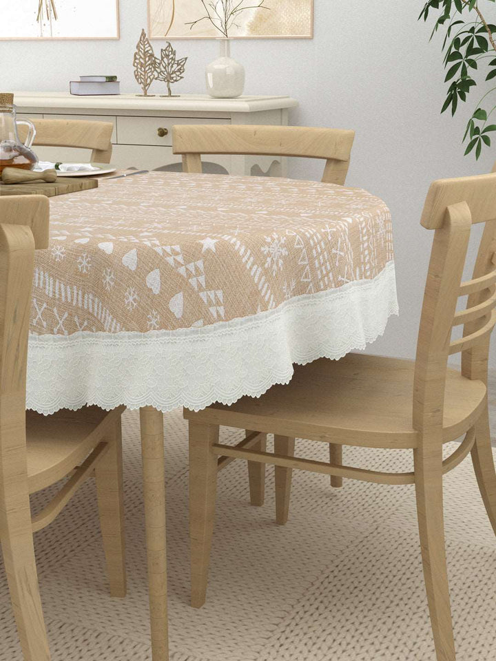 6 Seater Oval Dining Table Cover; 60x90 Inches; Material - PVC; Anti Slip; Beige & White