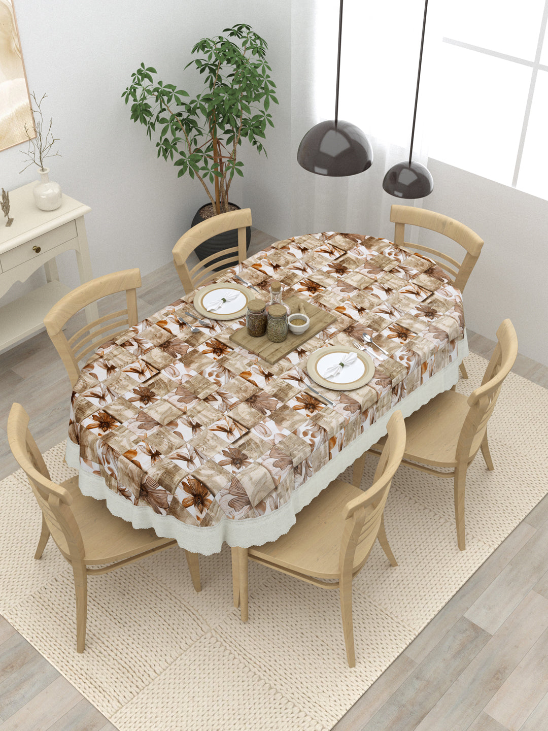 6 Seater Oval Dining Table Cover; 60x90 Inches; Material - PVC; Anti Slip; Brown Flowers & Checks